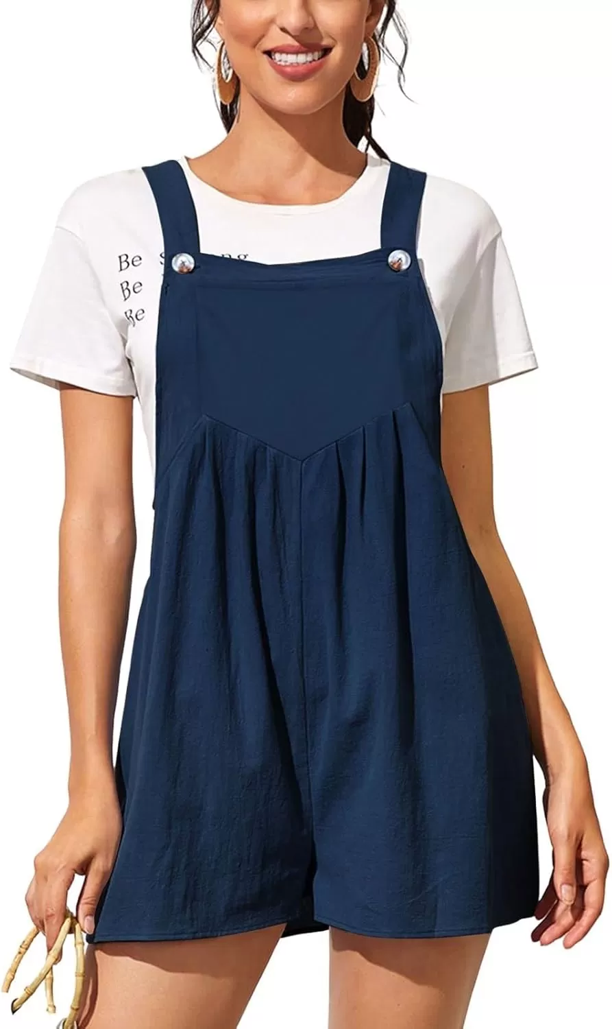 imagechouyatou Womens Summer Loose Short Linen Overalls Cute Wide Leg Rompers Casual Jumpsuits ShortsNavy Blue