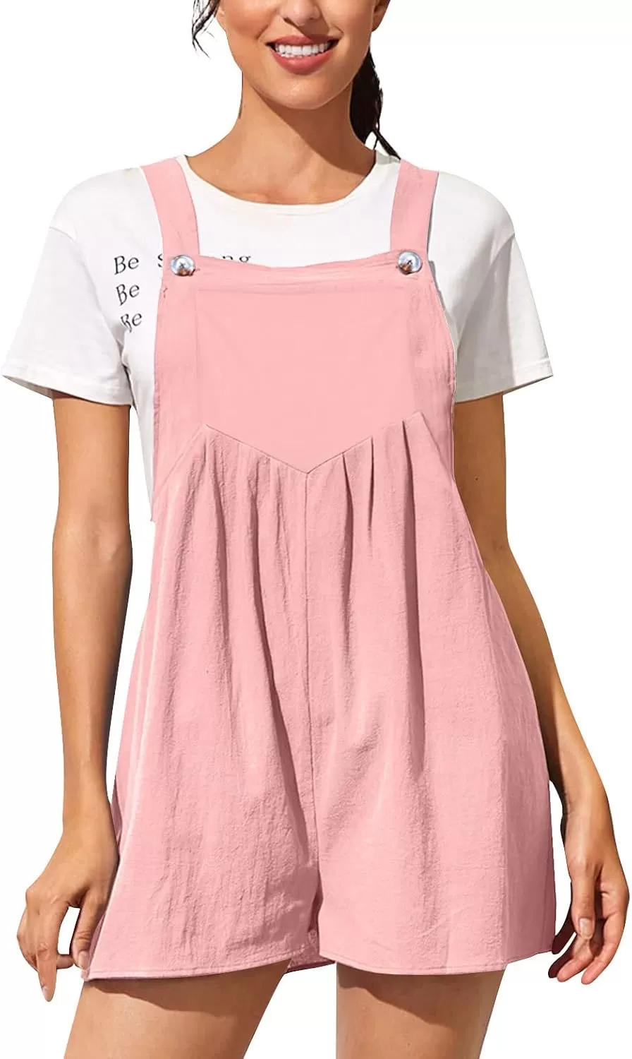 imagechouyatou Womens Summer Loose Short Linen Overalls Cute Wide Leg Rompers Casual Jumpsuits ShortsPink