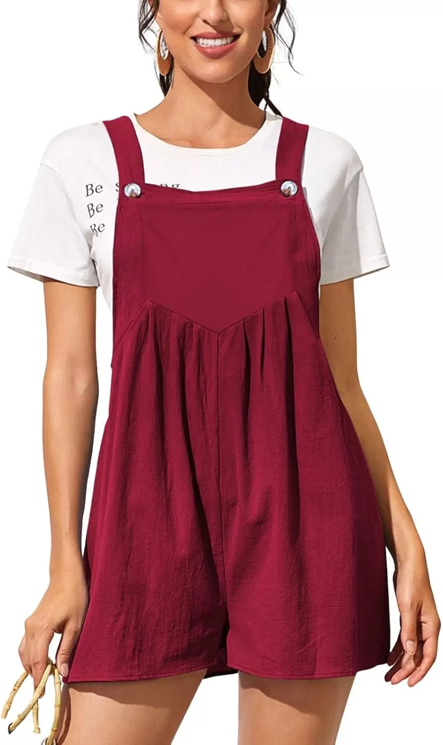imagechouyatou Womens Summer Loose Short Linen Overalls Cute Wide Leg Rompers Casual Jumpsuits ShortsWine Red