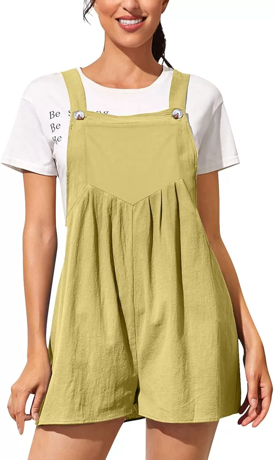 imagechouyatou Womens Summer Loose Short Linen Overalls Cute Wide Leg Rompers Casual Jumpsuits ShortsYellow