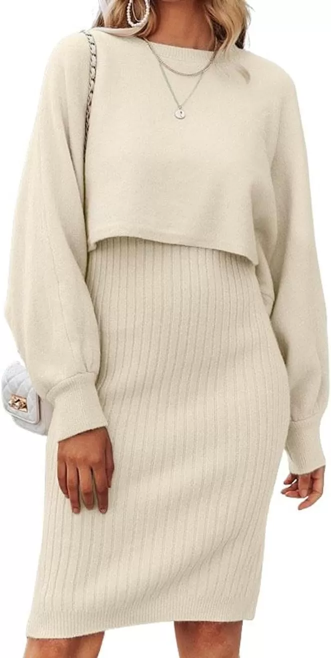 imagechouyatou Womens Two Piece Sweater Sets Crop Top Sleeveless Sweater Dress 2 Piece OutfitsBeige