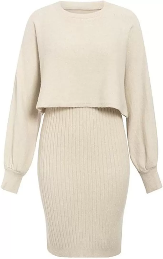imagechouyatou Womens Two Piece Sweater Sets Crop Top Sleeveless Sweater Dress 2 Piece OutfitsBeige