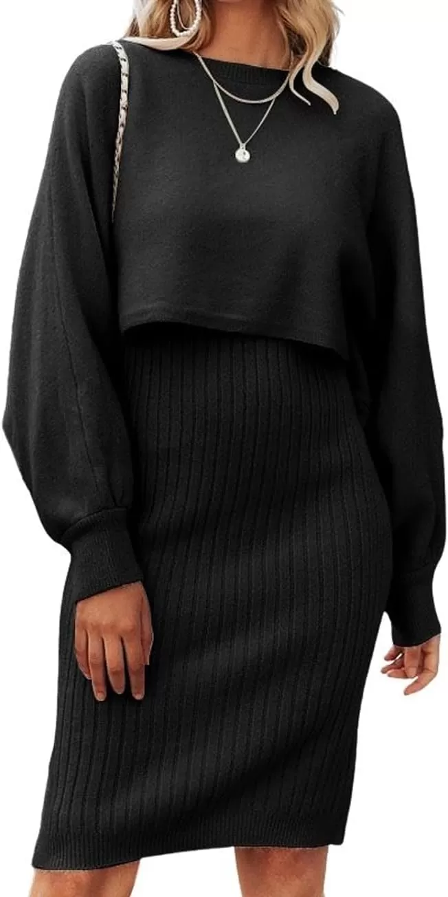 imagechouyatou Womens Two Piece Sweater Sets Crop Top Sleeveless Sweater Dress 2 Piece OutfitsBlack