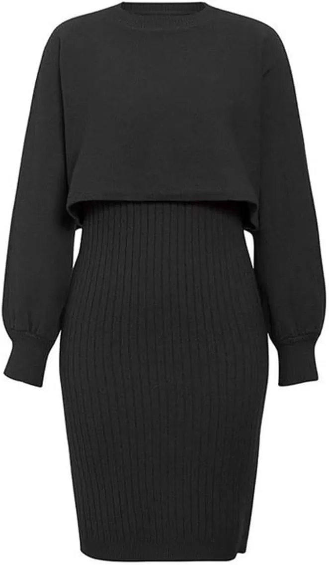 imagechouyatou Womens Two Piece Sweater Sets Crop Top Sleeveless Sweater Dress 2 Piece OutfitsBlack
