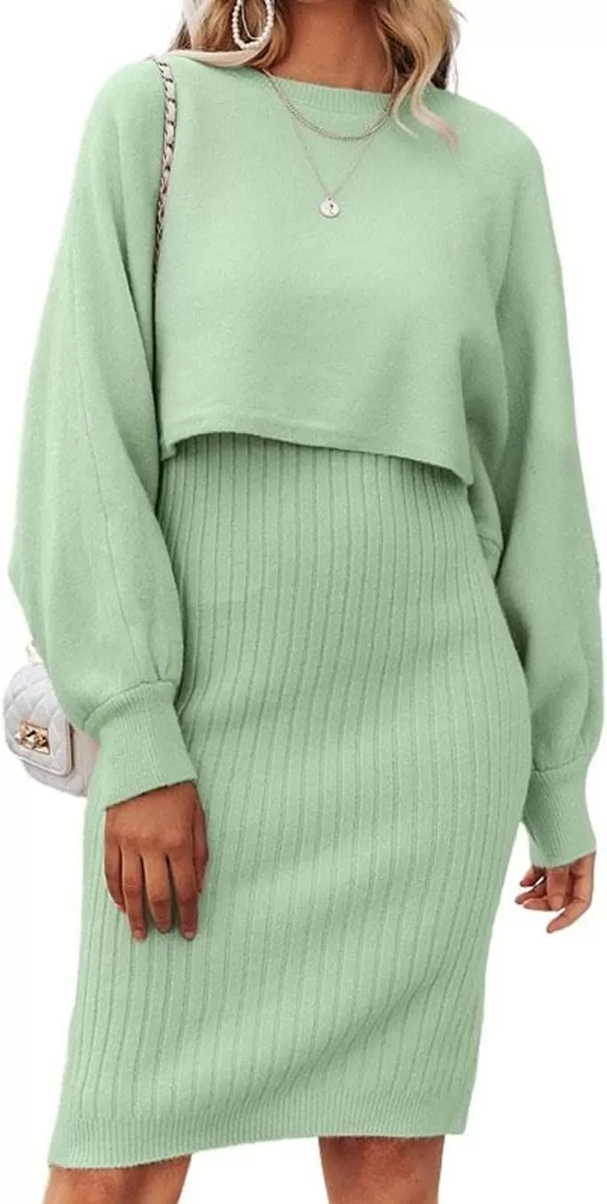 imagechouyatou Womens Two Piece Sweater Sets Crop Top Sleeveless Sweater Dress 2 Piece OutfitsGreen