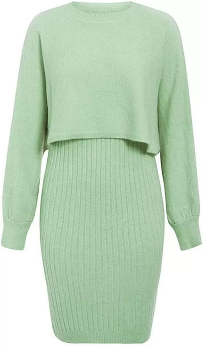 imagechouyatou Womens Two Piece Sweater Sets Crop Top Sleeveless Sweater Dress 2 Piece OutfitsGreen