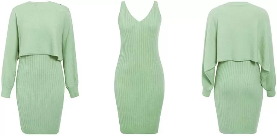imagechouyatou Womens Two Piece Sweater Sets Crop Top Sleeveless Sweater Dress 2 Piece OutfitsGreen