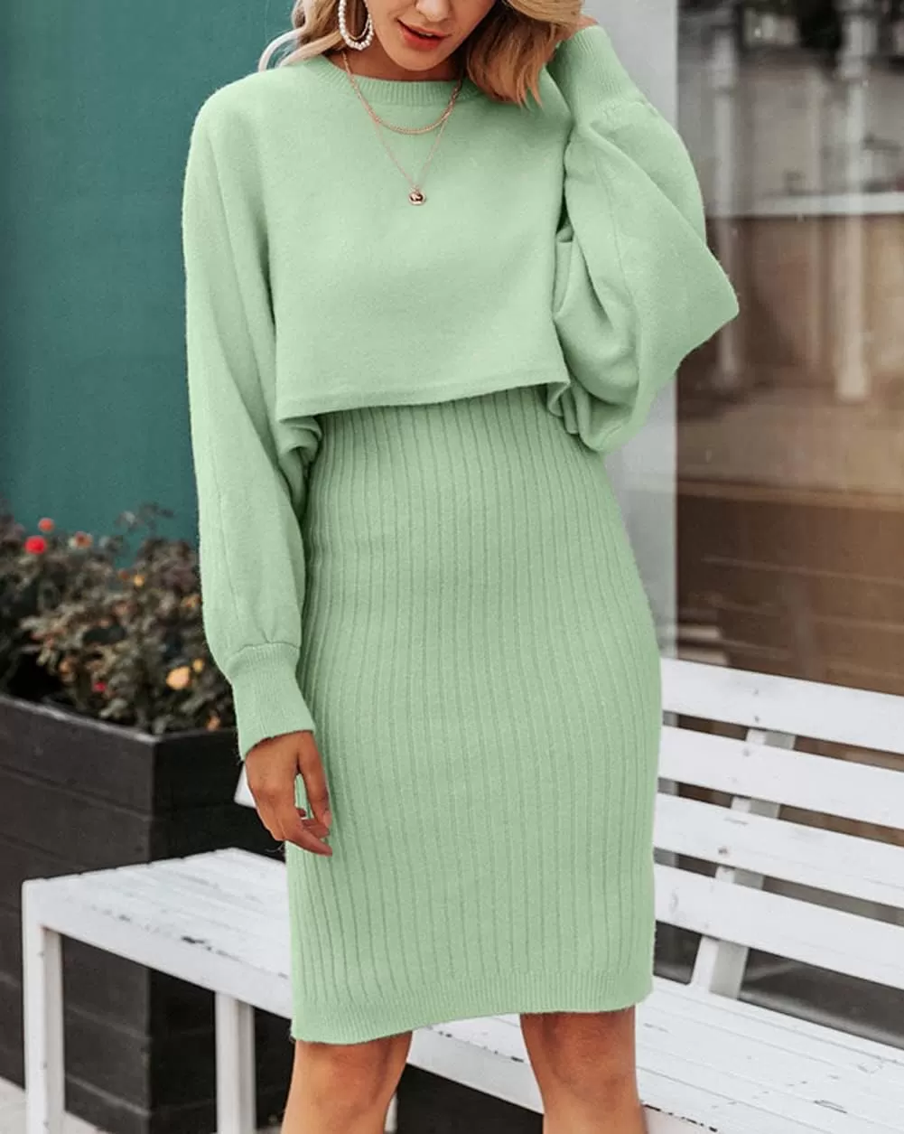 imagechouyatou Womens Two Piece Sweater Sets Crop Top Sleeveless Sweater Dress 2 Piece OutfitsGreen