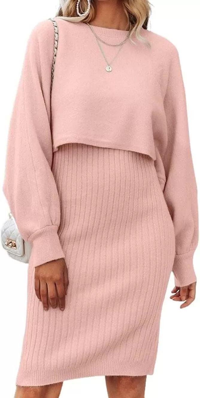imagechouyatou Womens Two Piece Sweater Sets Crop Top Sleeveless Sweater Dress 2 Piece OutfitsPink