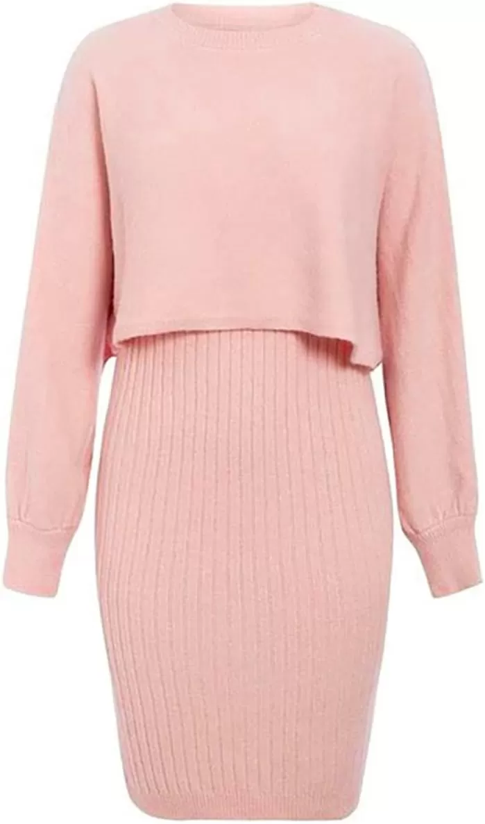 imagechouyatou Womens Two Piece Sweater Sets Crop Top Sleeveless Sweater Dress 2 Piece OutfitsPink
