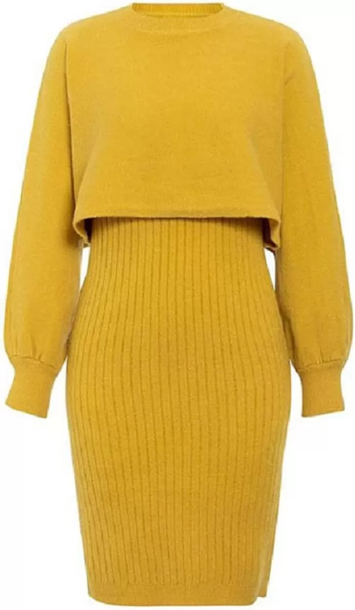 imagechouyatou Womens Two Piece Sweater Sets Crop Top Sleeveless Sweater Dress 2 Piece OutfitsYellow
