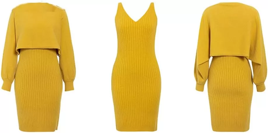 imagechouyatou Womens Two Piece Sweater Sets Crop Top Sleeveless Sweater Dress 2 Piece OutfitsYellow