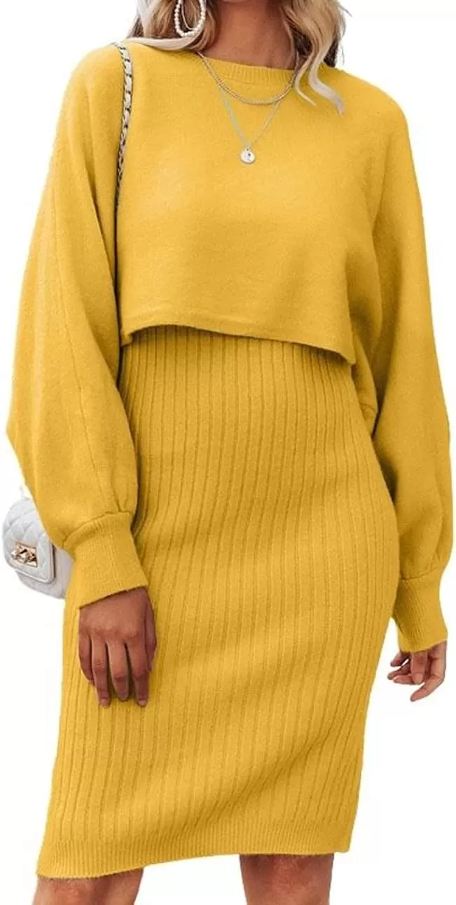 imagechouyatou Womens Two Piece Sweater Sets Crop Top Sleeveless Sweater Dress 2 Piece OutfitsYellow
