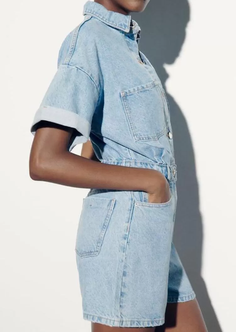 imagechouyatou Womens Vintage Washed Utility Rompers Button Down Casual Denim Jean Jumpsuit ShortsBlue