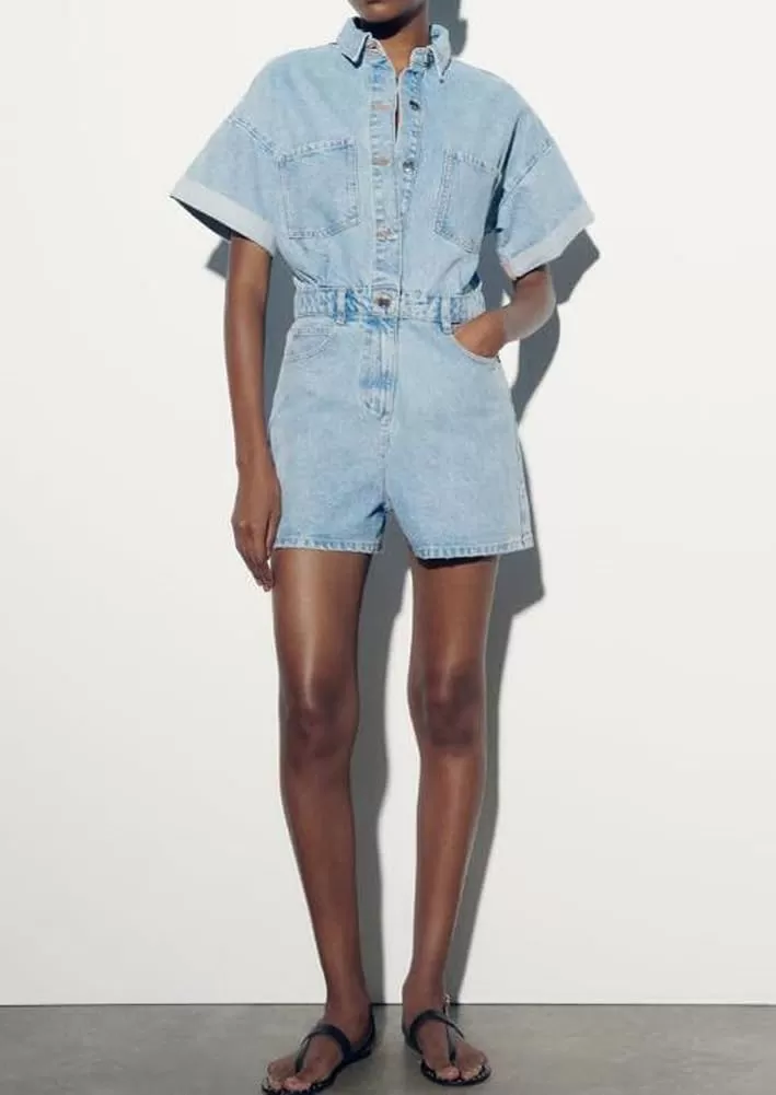 imagechouyatou Womens Vintage Washed Utility Rompers Button Down Casual Denim Jean Jumpsuit ShortsBlue