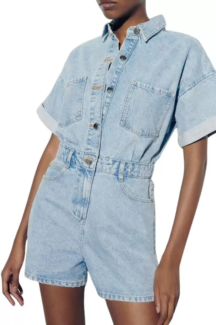 imagechouyatou Womens Vintage Washed Utility Rompers Button Down Casual Denim Jean Jumpsuit ShortsBlue