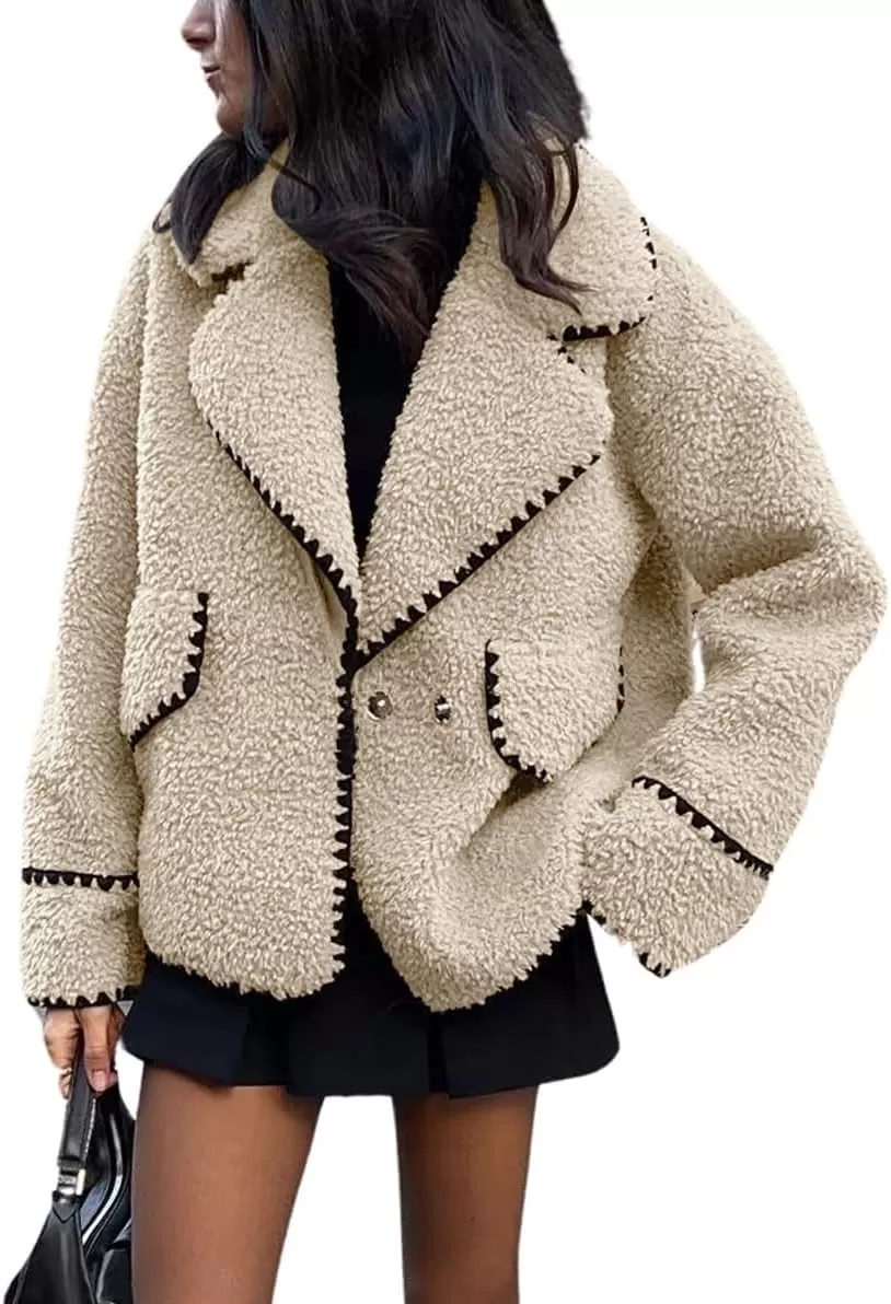 imagechouyatou Womens Winter Casual Embroidered Sherpa Jacket Notch Lapel Fuzzy Faux Fur Fleece Jacket CoatApricot