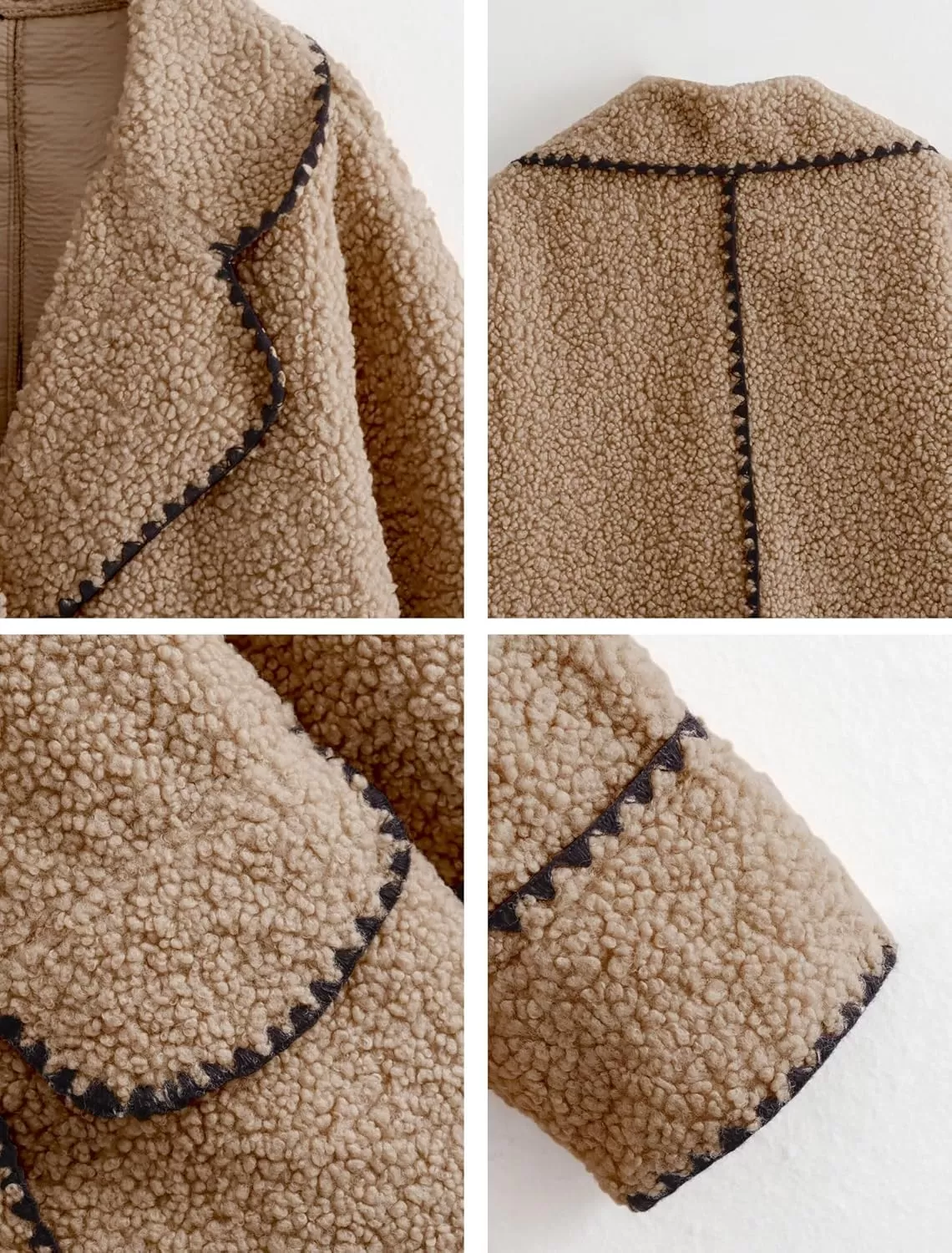 imagechouyatou Womens Winter Casual Embroidered Sherpa Jacket Notch Lapel Fuzzy Faux Fur Fleece Jacket CoatKhaki