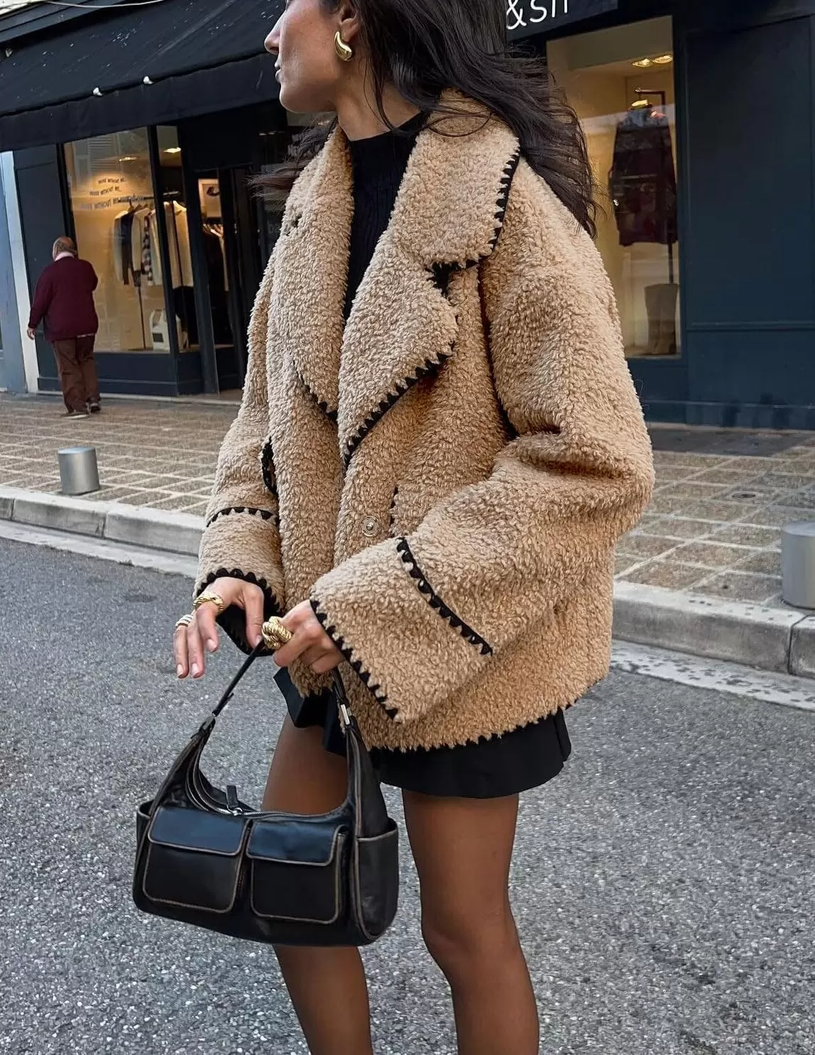 imagechouyatou Womens Winter Casual Embroidered Sherpa Jacket Notch Lapel Fuzzy Faux Fur Fleece Jacket CoatKhaki