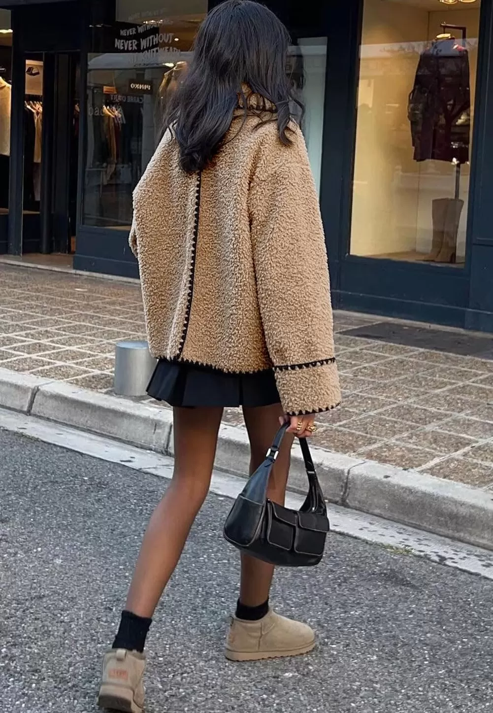 imagechouyatou Womens Winter Casual Embroidered Sherpa Jacket Notch Lapel Fuzzy Faux Fur Fleece Jacket CoatKhaki