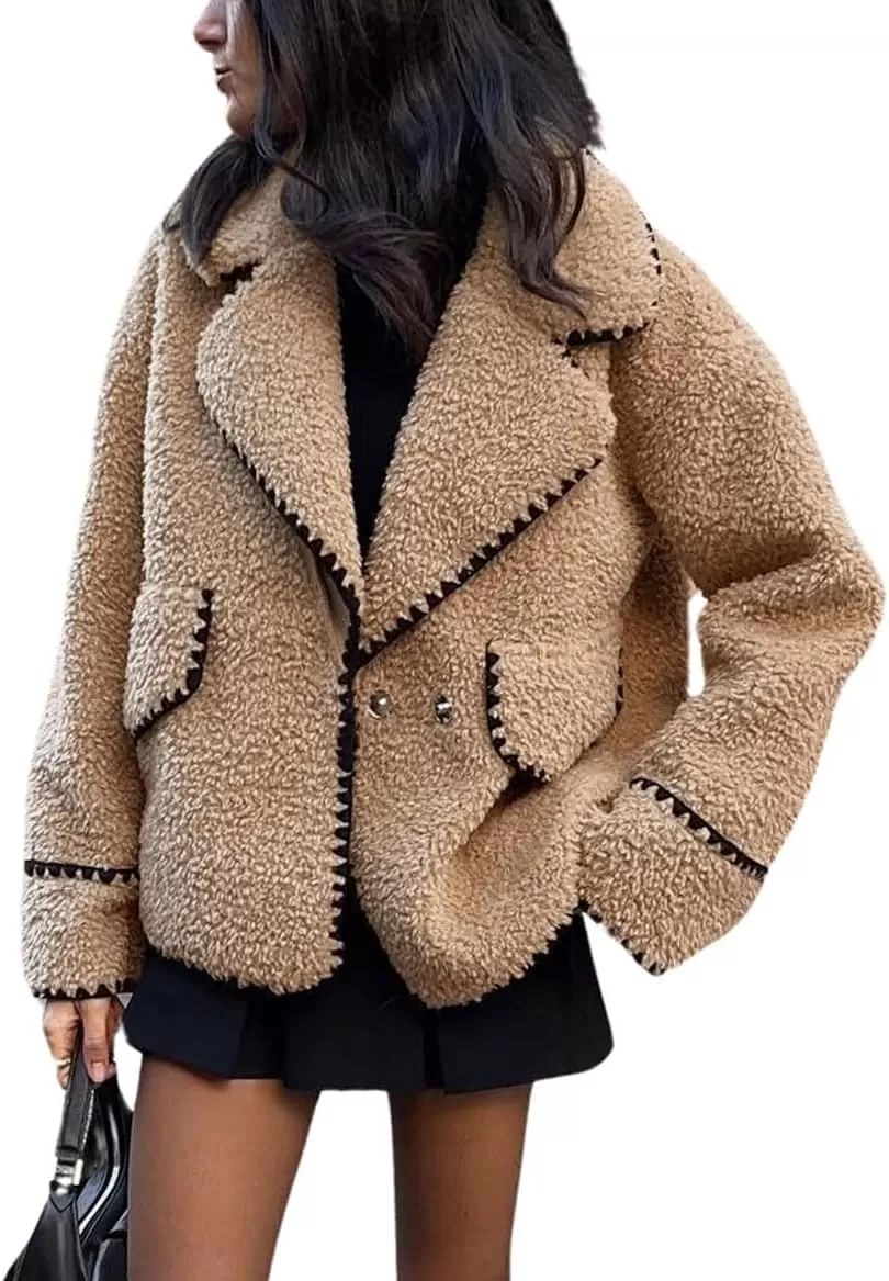 imagechouyatou Womens Winter Casual Embroidered Sherpa Jacket Notch Lapel Fuzzy Faux Fur Fleece Jacket CoatKhaki