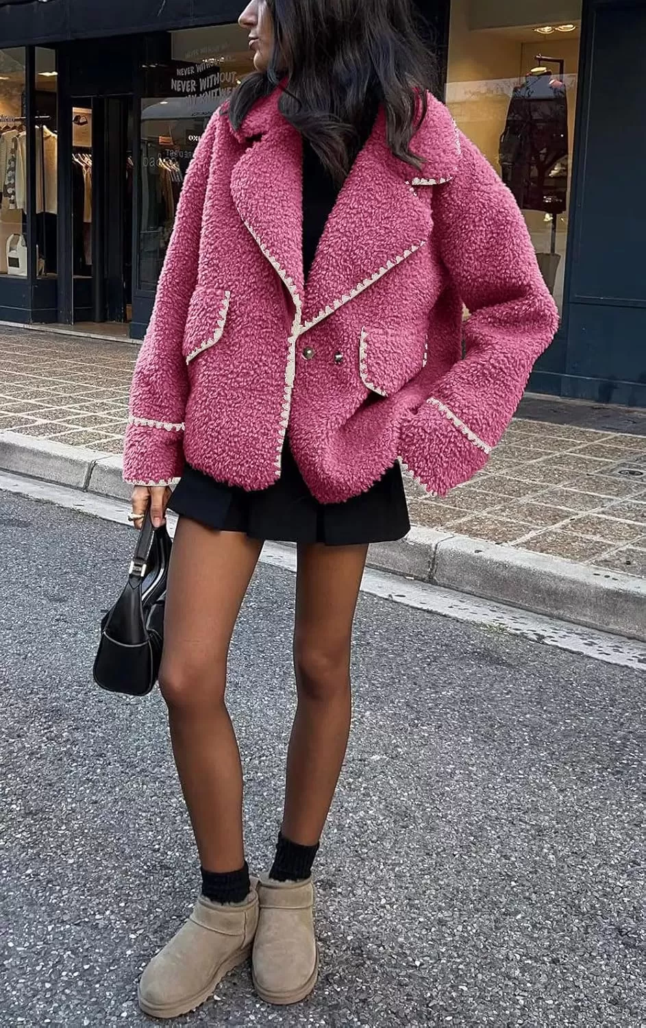 imagechouyatou Womens Winter Casual Embroidered Sherpa Jacket Notch Lapel Fuzzy Faux Fur Fleece Jacket CoatRose Pink