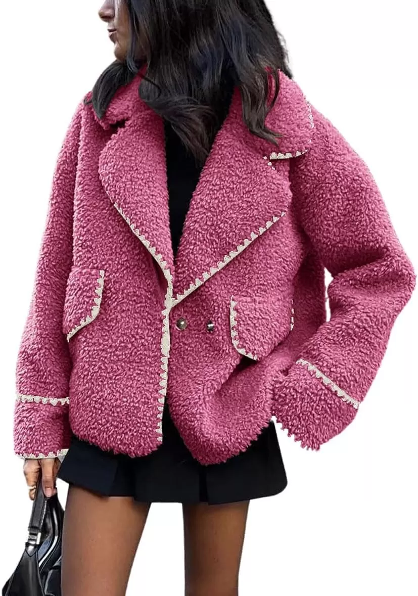 imagechouyatou Womens Winter Casual Embroidered Sherpa Jacket Notch Lapel Fuzzy Faux Fur Fleece Jacket CoatRose Pink