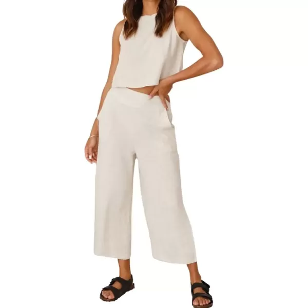 imagechouyatou Womens 2 Piece Outfits Cotton Linen Sleeveless Cropped Tank Top and Wide Leg Pant SetsApricot