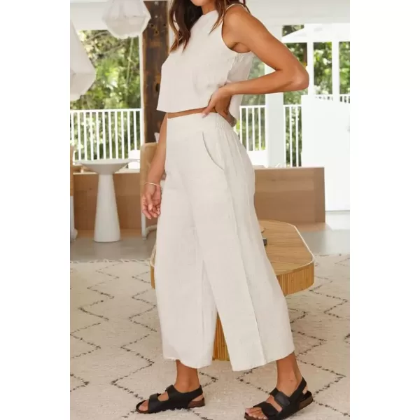 imagechouyatou Womens 2 Piece Outfits Cotton Linen Sleeveless Cropped Tank Top and Wide Leg Pant SetsApricot