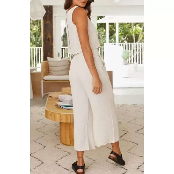 imagechouyatou Womens 2 Piece Outfits Cotton Linen Sleeveless Cropped Tank Top and Wide Leg Pant SetsApricot
