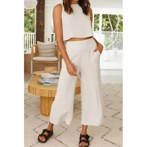 imagechouyatou Womens 2 Piece Outfits Cotton Linen Sleeveless Cropped Tank Top and Wide Leg Pant SetsApricot
