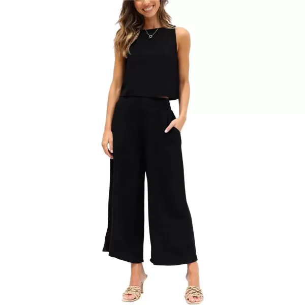 imagechouyatou Womens 2 Piece Outfits Cotton Linen Sleeveless Cropped Tank Top and Wide Leg Pant SetsBlack