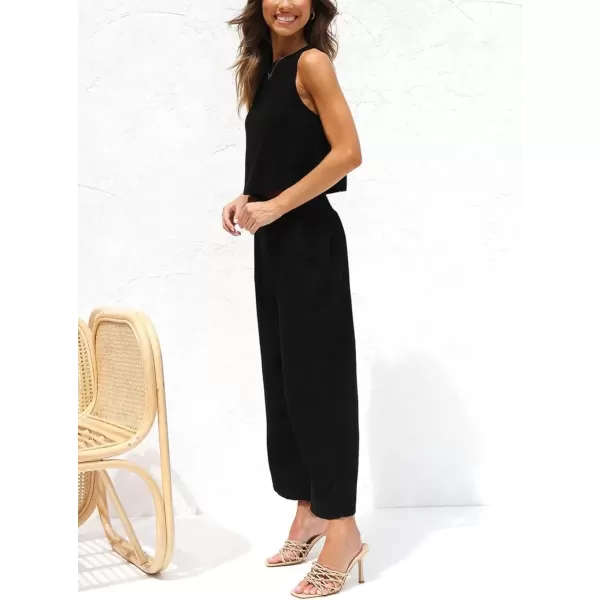 imagechouyatou Womens 2 Piece Outfits Cotton Linen Sleeveless Cropped Tank Top and Wide Leg Pant SetsBlack