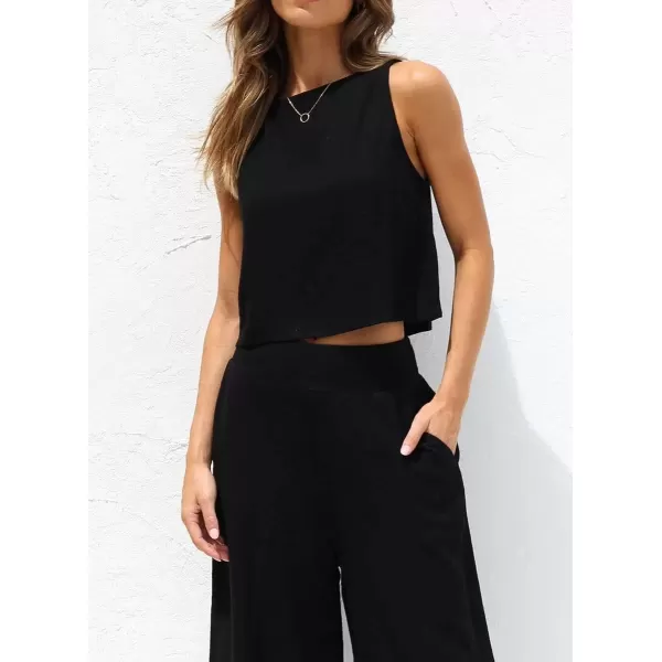imagechouyatou Womens 2 Piece Outfits Cotton Linen Sleeveless Cropped Tank Top and Wide Leg Pant SetsBlack