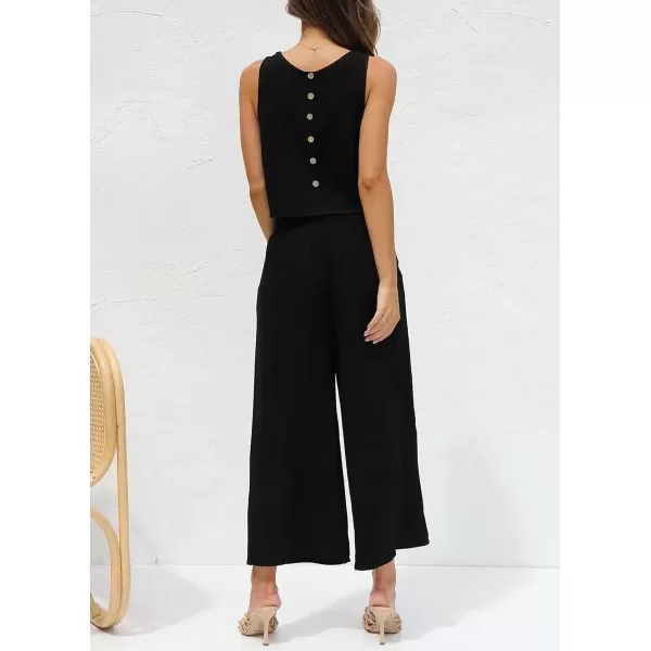 imagechouyatou Womens 2 Piece Outfits Cotton Linen Sleeveless Cropped Tank Top and Wide Leg Pant SetsBlack