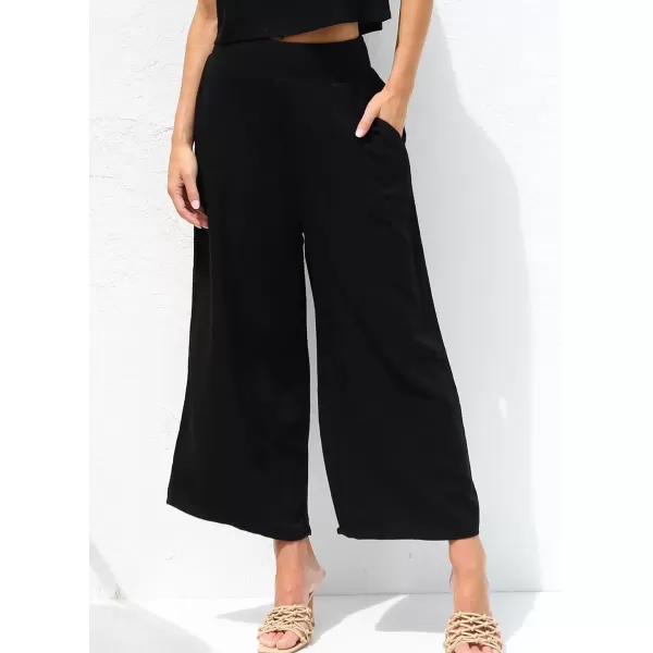 imagechouyatou Womens 2 Piece Outfits Cotton Linen Sleeveless Cropped Tank Top and Wide Leg Pant SetsBlack