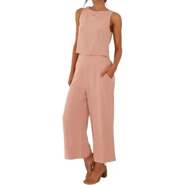 imagechouyatou Womens 2 Piece Outfits Cotton Linen Sleeveless Cropped Tank Top and Wide Leg Pant SetsPink