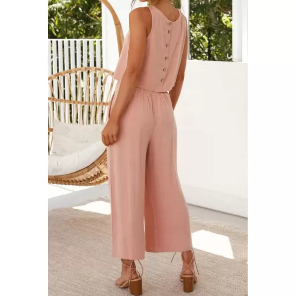 imagechouyatou Womens 2 Piece Outfits Cotton Linen Sleeveless Cropped Tank Top and Wide Leg Pant SetsPink
