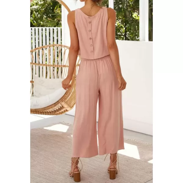 imagechouyatou Womens 2 Piece Outfits Cotton Linen Sleeveless Cropped Tank Top and Wide Leg Pant SetsPink