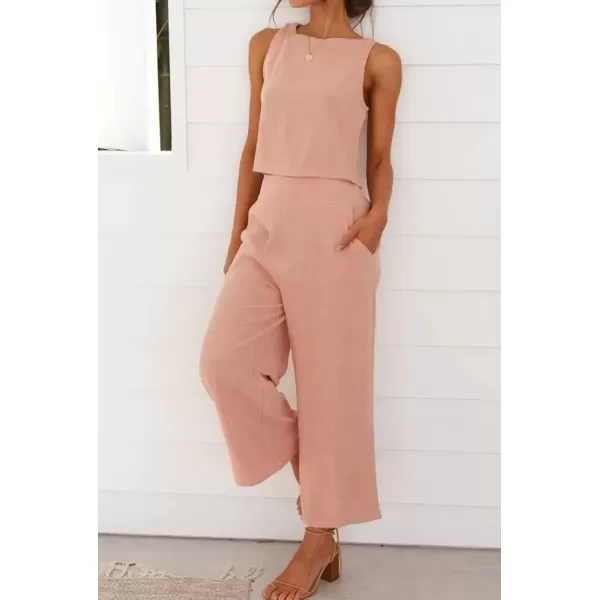 imagechouyatou Womens 2 Piece Outfits Cotton Linen Sleeveless Cropped Tank Top and Wide Leg Pant SetsPink