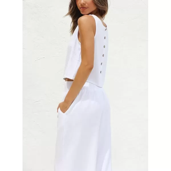 imagechouyatou Womens 2 Piece Outfits Cotton Linen Sleeveless Cropped Tank Top and Wide Leg Pant SetsWhite