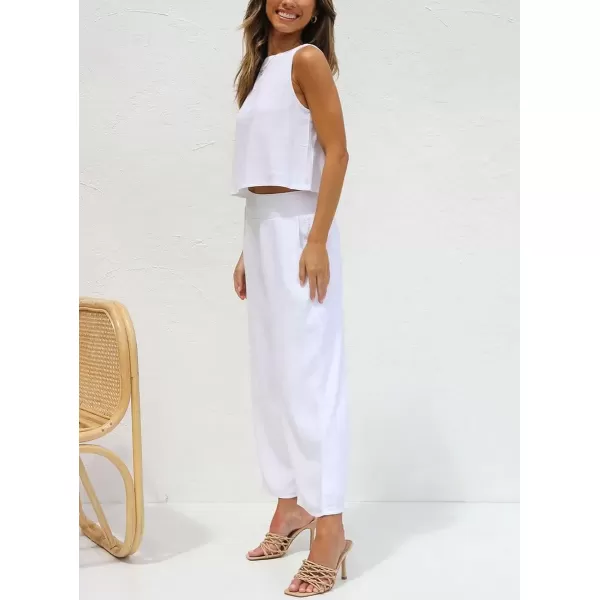 imagechouyatou Womens 2 Piece Outfits Cotton Linen Sleeveless Cropped Tank Top and Wide Leg Pant SetsWhite