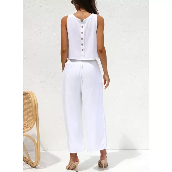 imagechouyatou Womens 2 Piece Outfits Cotton Linen Sleeveless Cropped Tank Top and Wide Leg Pant SetsWhite