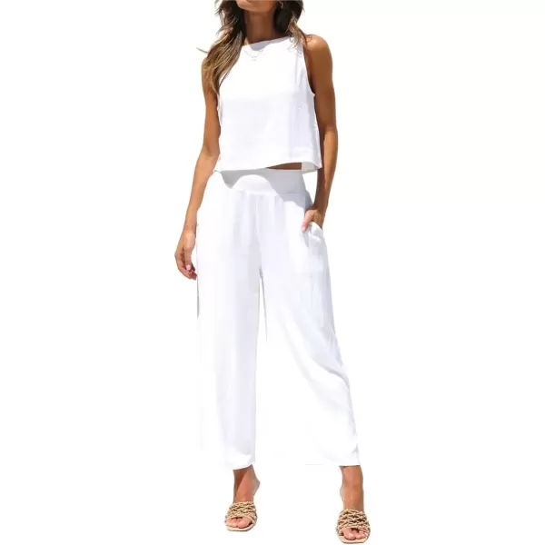 imagechouyatou Womens 2 Piece Outfits Cotton Linen Sleeveless Cropped Tank Top and Wide Leg Pant SetsWhite