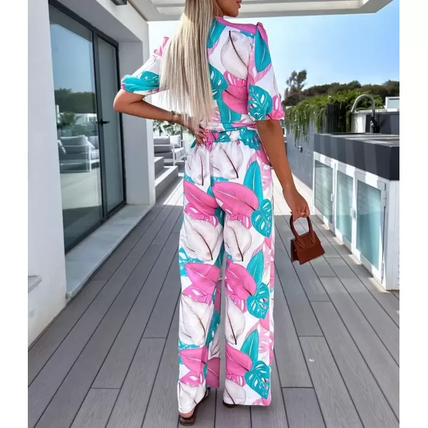 imagechouyatou Womens 2 Piece Outfits Floral Puff Sleeve Self Tie Crop Top and Elastic Waist Wide Leg Pants SetBlue