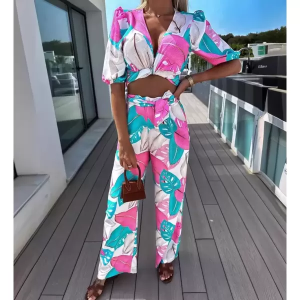 imagechouyatou Womens 2 Piece Outfits Floral Puff Sleeve Self Tie Crop Top and Elastic Waist Wide Leg Pants SetBlue