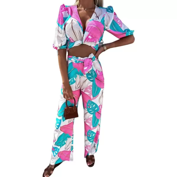 imagechouyatou Womens 2 Piece Outfits Floral Puff Sleeve Self Tie Crop Top and Elastic Waist Wide Leg Pants SetBlue
