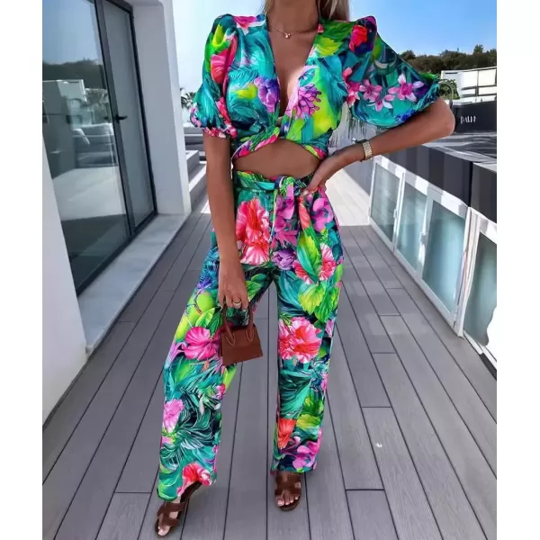 imagechouyatou Womens 2 Piece Outfits Floral Puff Sleeve Self Tie Crop Top and Elastic Waist Wide Leg Pants SetGreen