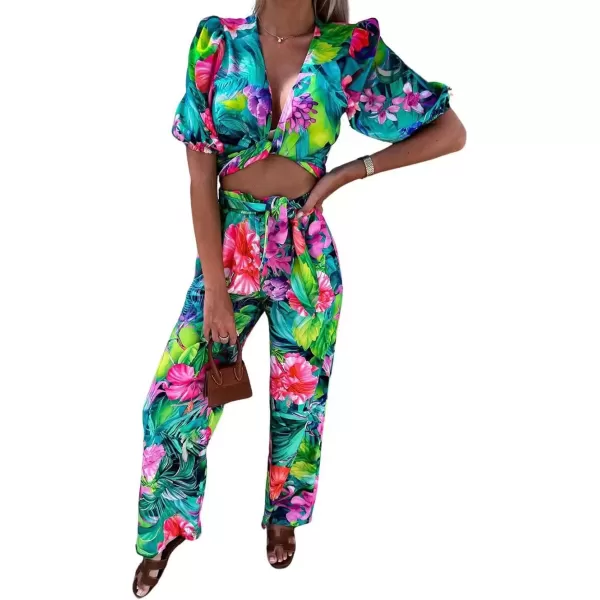 imagechouyatou Womens 2 Piece Outfits Floral Puff Sleeve Self Tie Crop Top and Elastic Waist Wide Leg Pants SetGreen