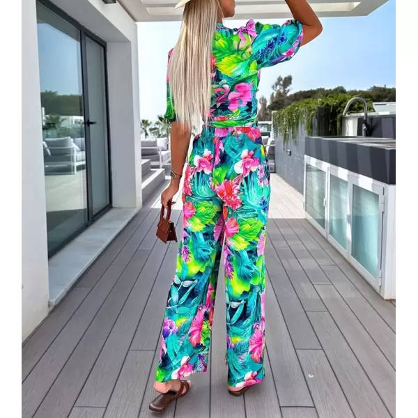 imagechouyatou Womens 2 Piece Outfits Floral Puff Sleeve Self Tie Crop Top and Elastic Waist Wide Leg Pants SetGreen